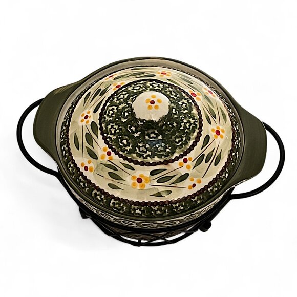 Temptations By Tara Bakeware Old World Green 1Qt Round W/ Lid And Stand - Picture 4 of 11